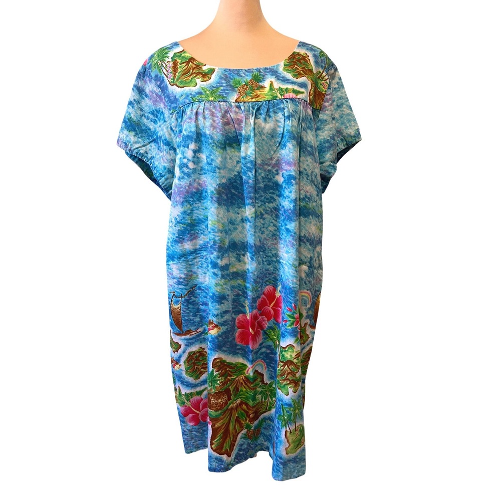 Vintage Ui-Maikai Muumuu Dress Size L Blue Hawaiian Islands Map Cotton 60s 1960s